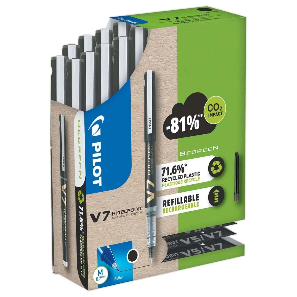 10 Rollers PILOT V7 + 30 recharges (dont la moiti&eacute; gratuites) - noir 