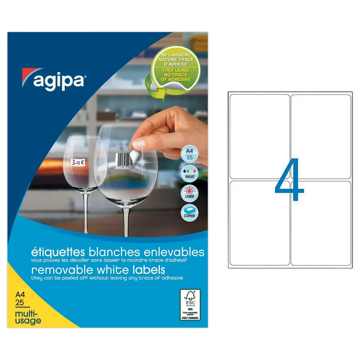 25 Planches d'étiquettes enlevables laser99,1x139 mm 100 étiq/boîte