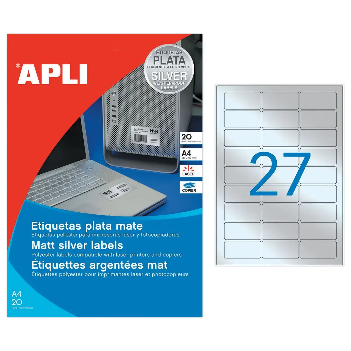 20 Planches d'étiquettes inaltérables laser 63,5x29,6mm 540 étiq. argent
