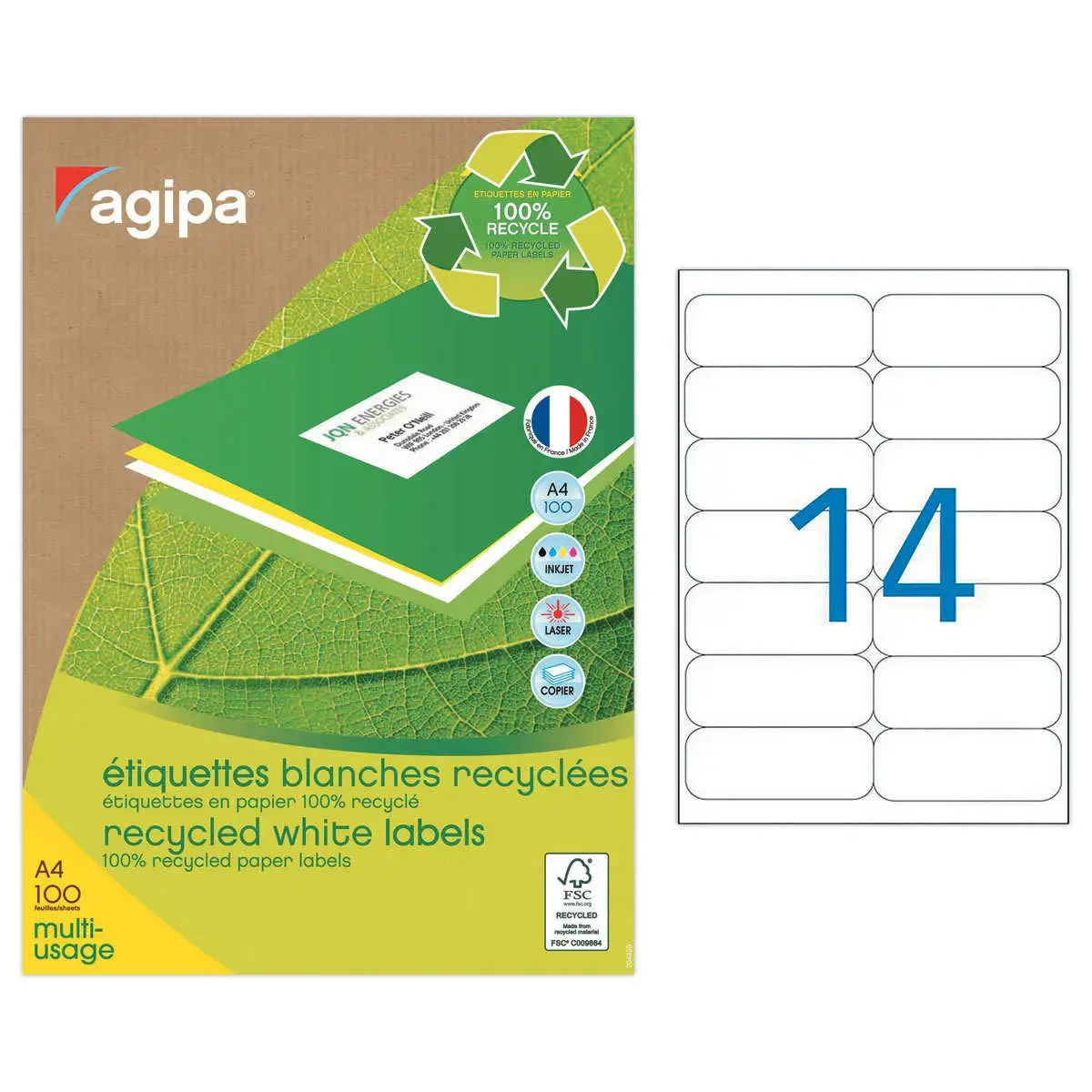 100 Planches d'étiquettes laser 100% recyclées 99,1X38,1 mm soit 1400 étiq
