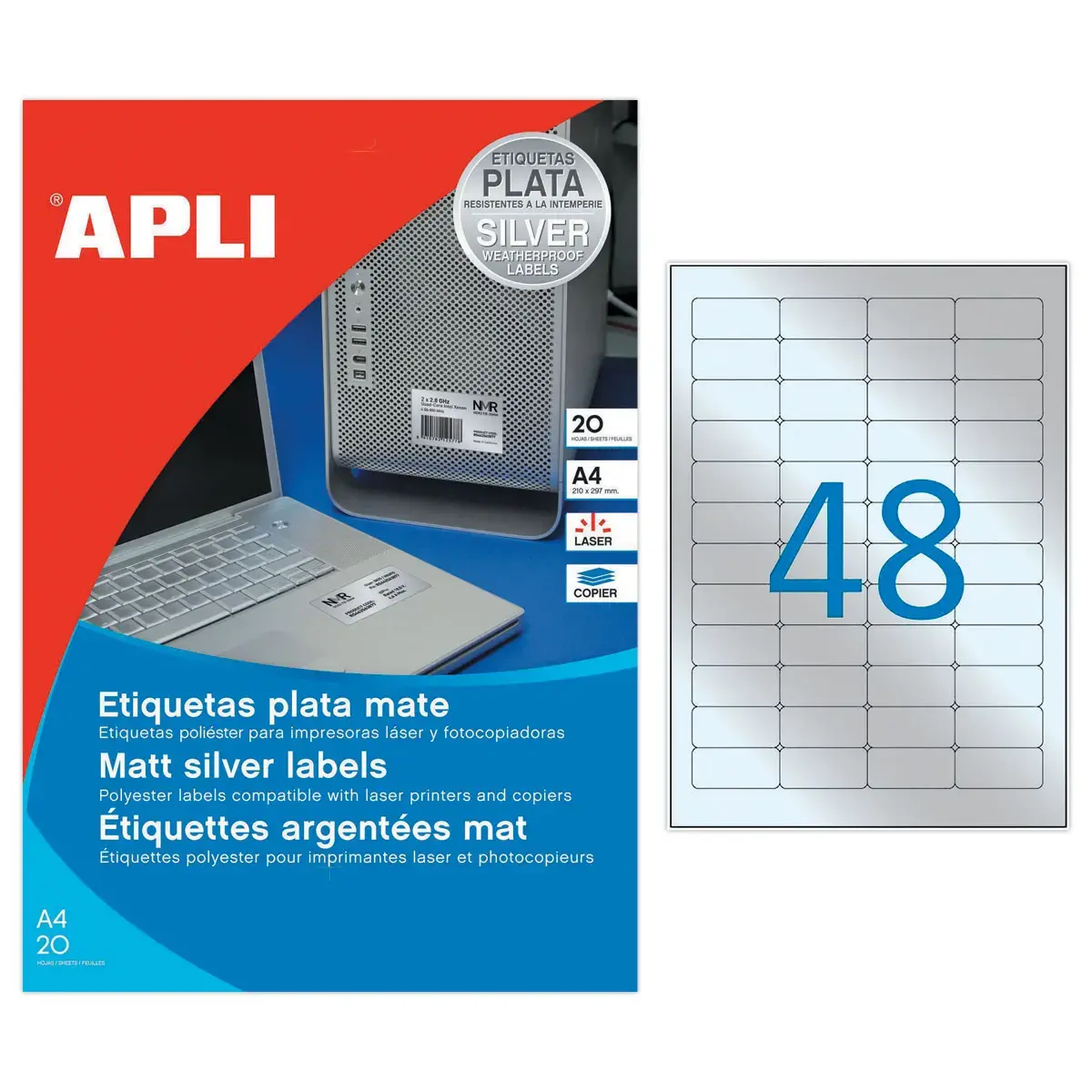 20 Planches d'étiquettes inaltérables laser 45,7x21,2mm 960 étiq. argent