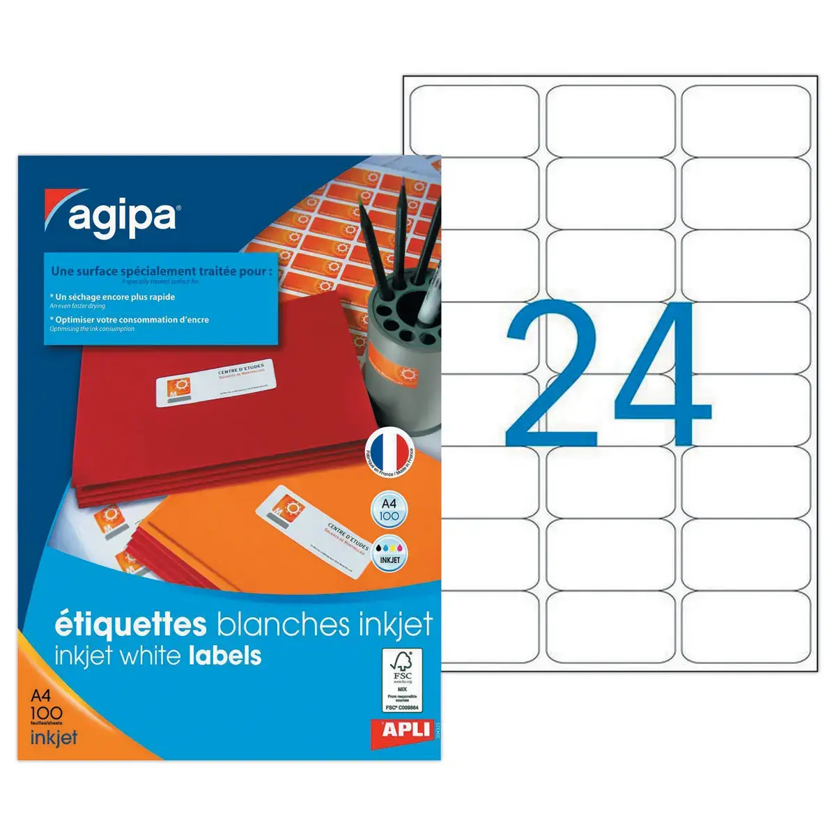 100 Planches d'&eacute;tiquettes jet d'encre 63,5x33,9 mm 2400 &eacute;tiq/bo&icirc;te 