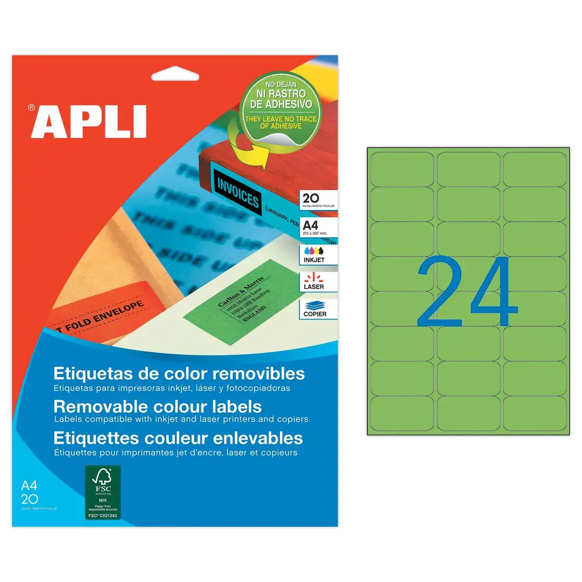 20 Planches d'&eacute;tiquettes L63,5xH33,9 mm 480 &eacute;tiq/ bo&icirc;te,vert 