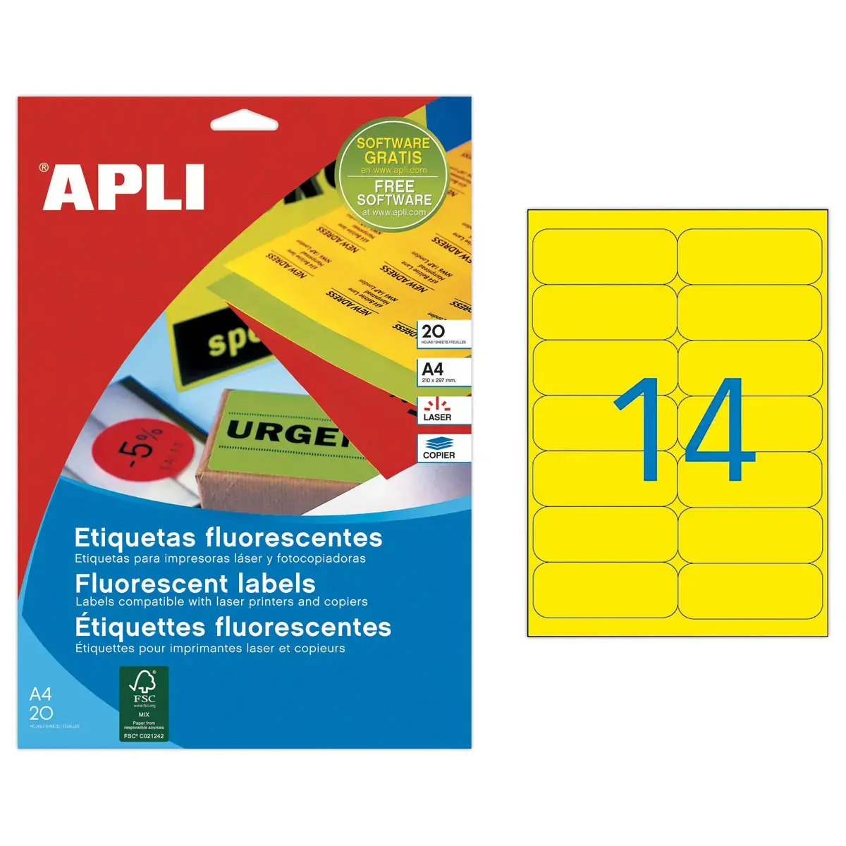 20 Planches de 280 étiquettes fluorescentes 99,1x38,1 jaune fluorescent