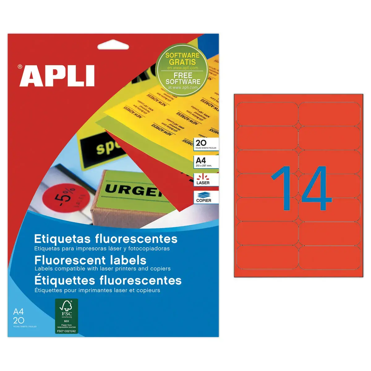20 Planches de 280 étiquettes fluorescentes 99,1x38,1 rouge fluorescent