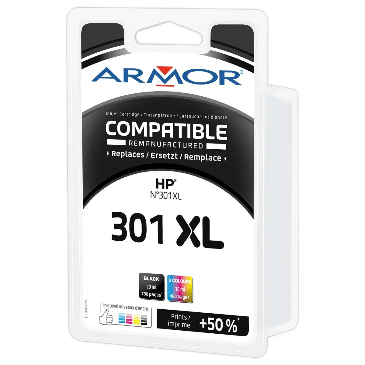 2 Cartouches eq. HP 301XL - Haute capacit&eacute; - Noir + 3 couleurs - OWA 