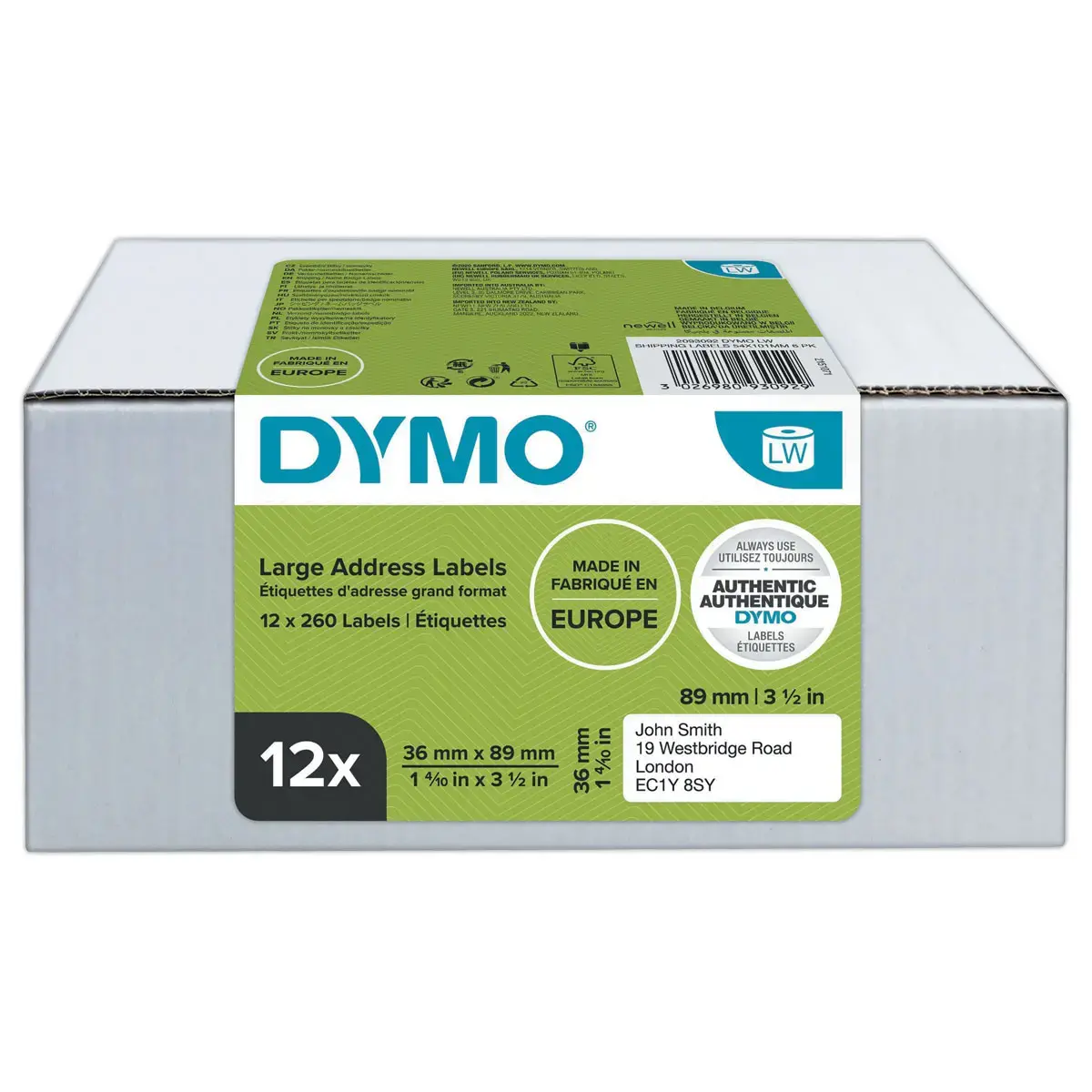 12 Rouleaux de 130 &eacute;tiquettes blanches 28x89mm pour DYMO Label Writer 
