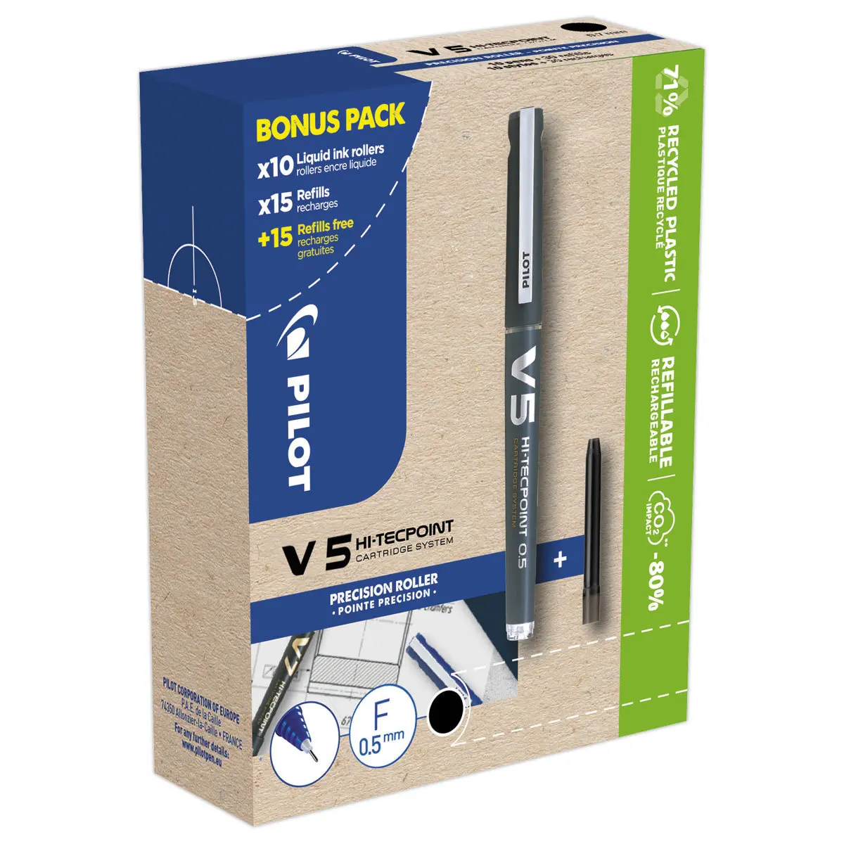 10 Rollers PILOT V5 + 30 recharges dont la moitié gratuites - noir - PILOT