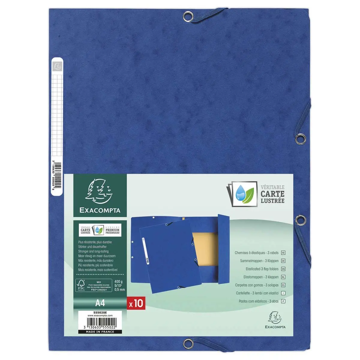 Chemise 3 rabats &agrave; &eacute;lastiques carte lustr&eacute;e - Bleu - EXACOMPTA 