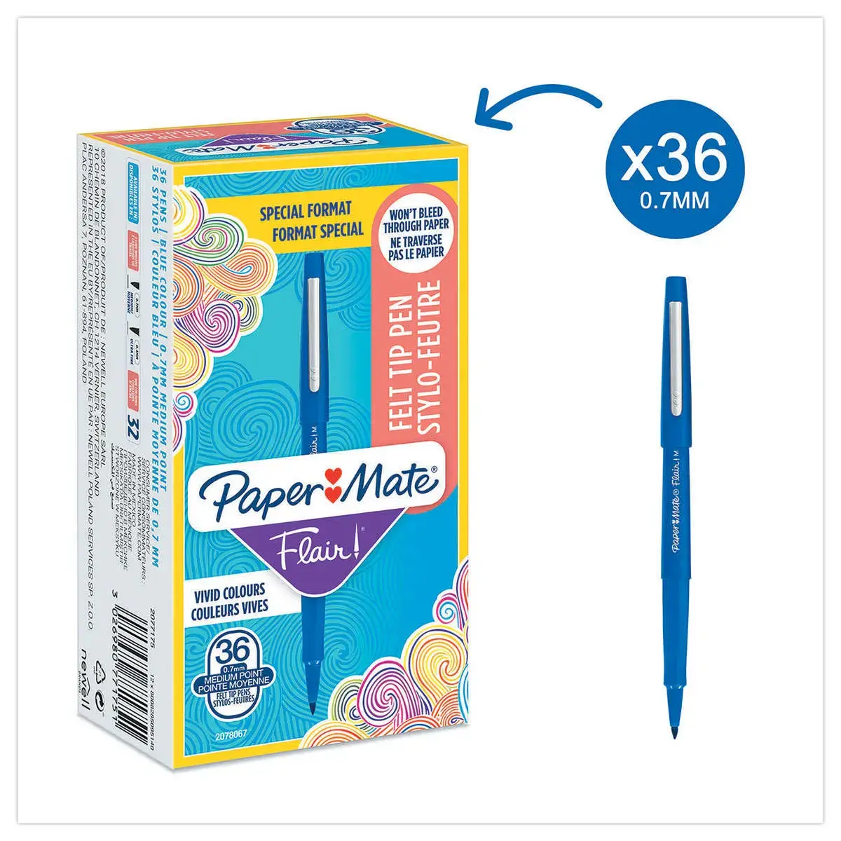 36 (30+6 offerts) Feutres Flair Original - bleu - PAPERMATE 