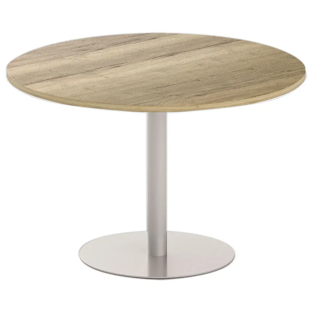Table ronde diam 116 cm plateau ch&ecirc;ne vein&eacute; pied argent pied tulipe 