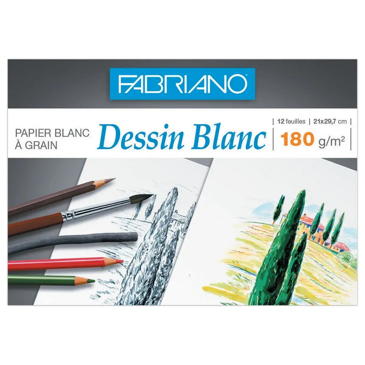 Pochette de 12 feuilles de papier dessin – A4 – 180g – Blanc – Fabriano