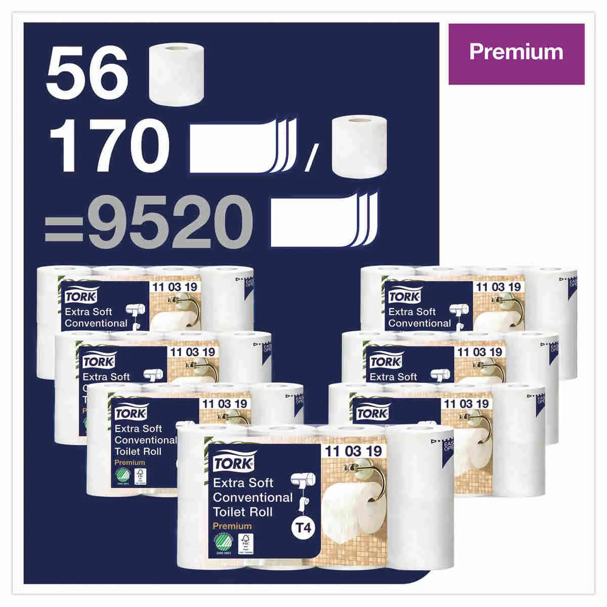 8 Rouleaux de papier toilette extra doux - 3 épaisseurs - Tork