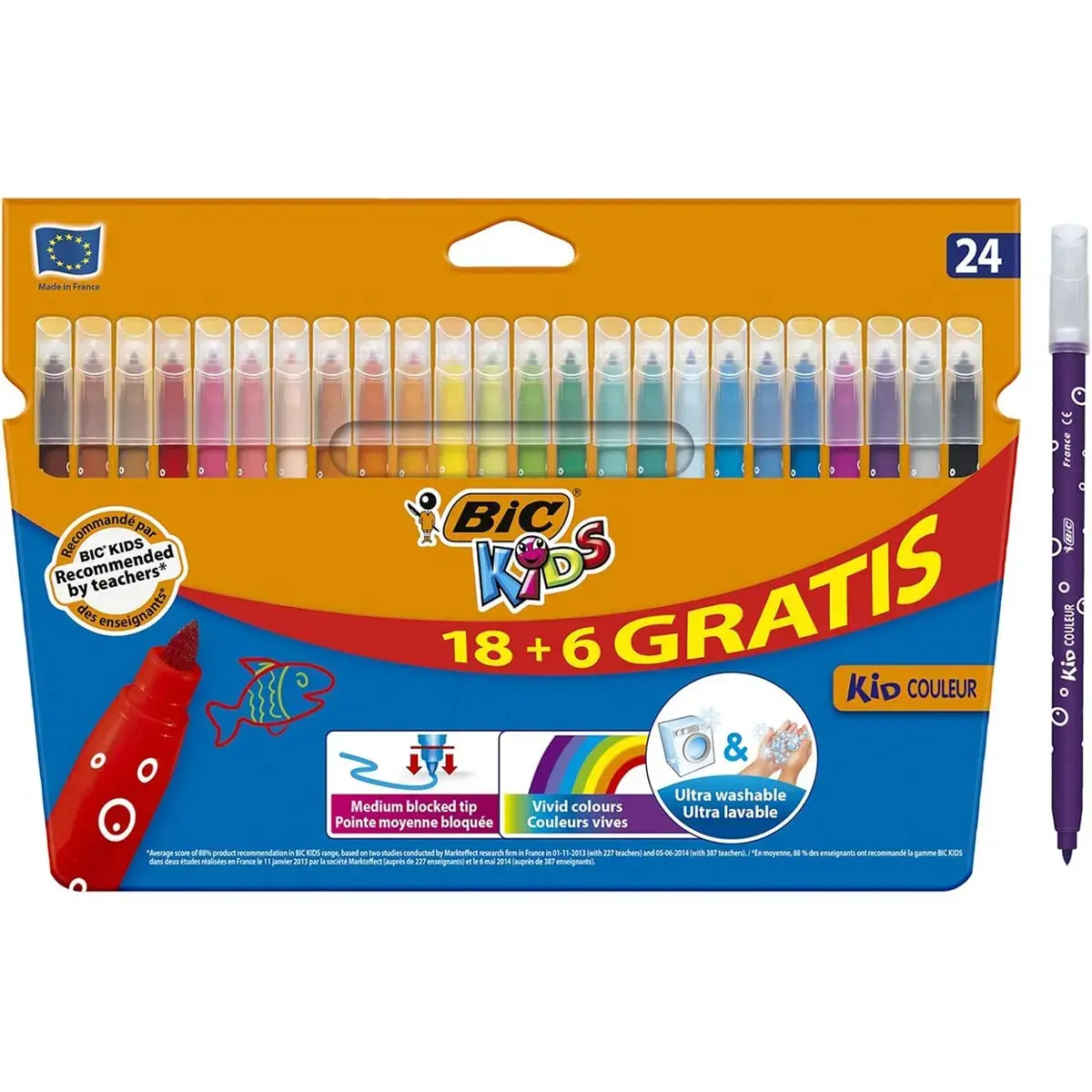 Feutre de coloriage BIC KIDS pointe moyenne - encre lavable - coloris assortis - lot de 24