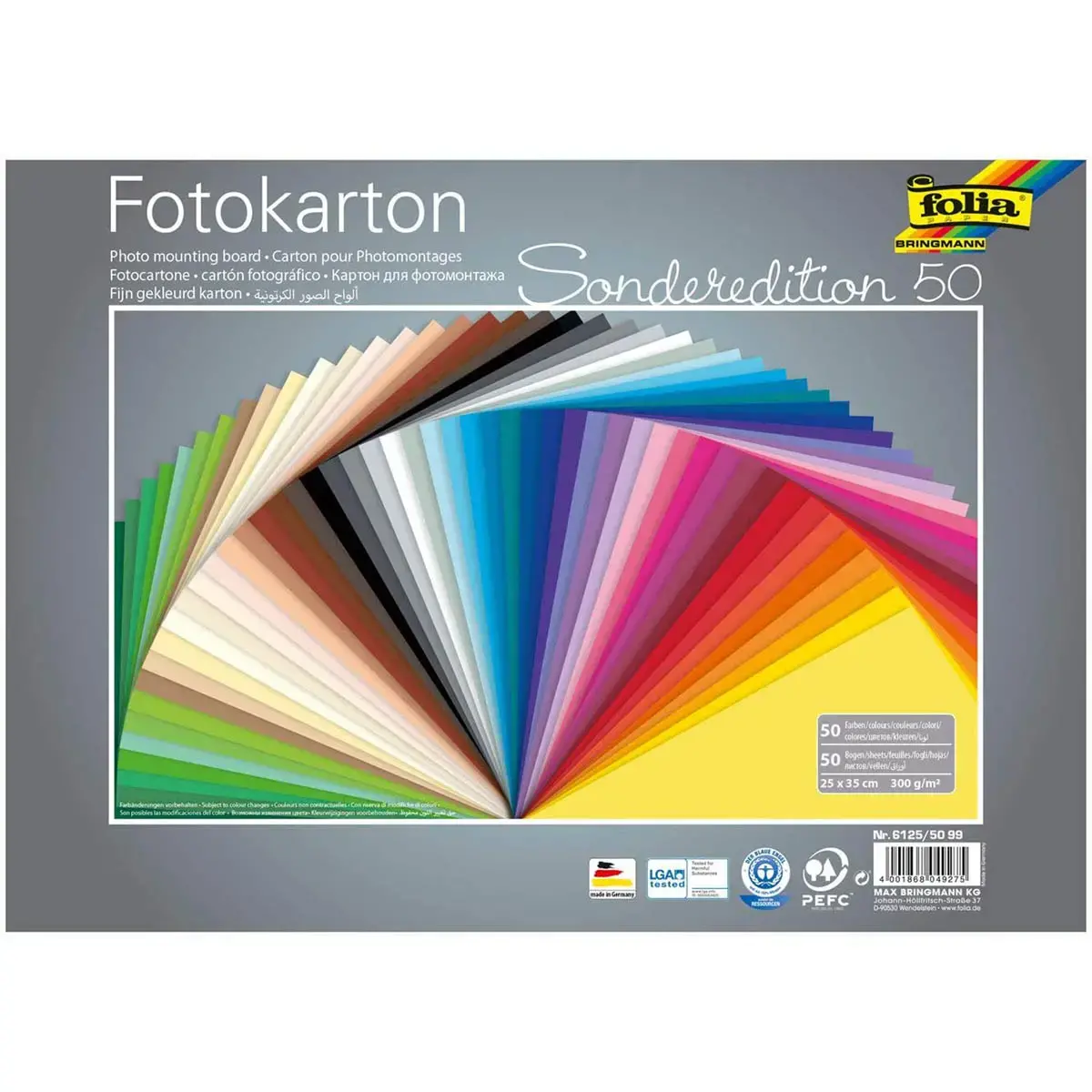 Papier dessin 25 x 35 cm 300 g Folia - 10 coloris assortis - lot de 50 