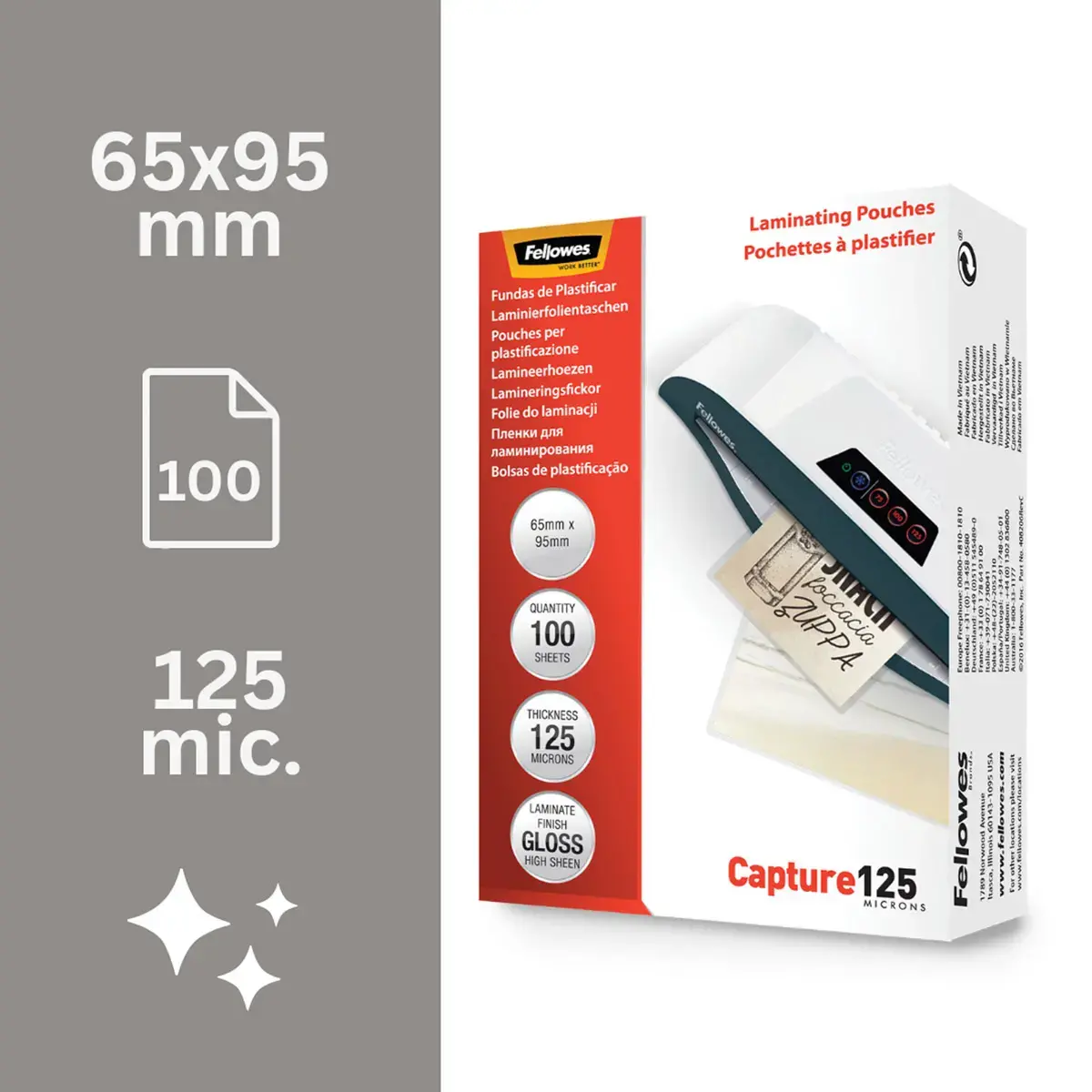 100 Pochettes plastification brillantes - 6,5 x 9,5 cm - 125 &micro; - Fellowes 