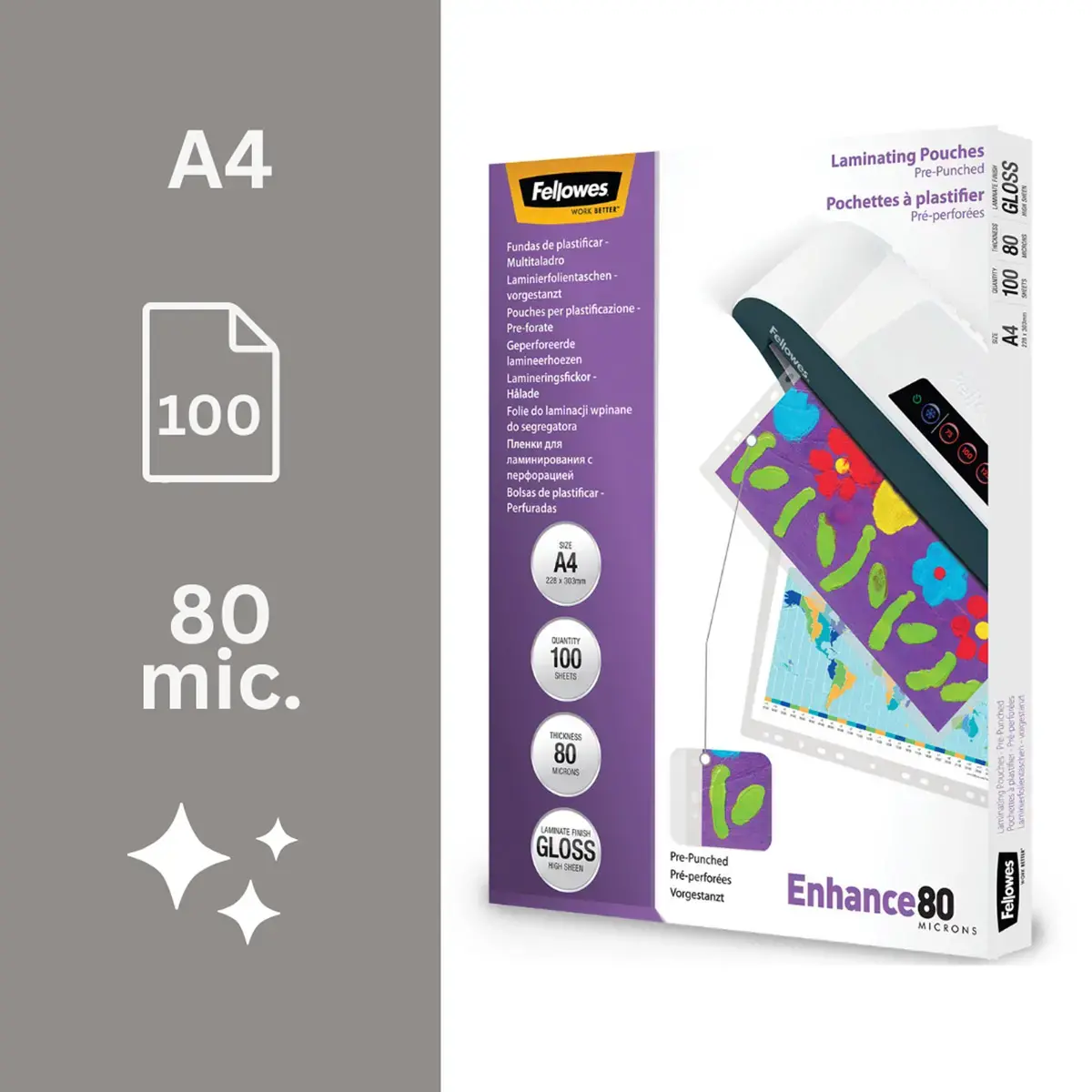 100 Pochettes de plastification perfor&eacute;es - A4 - 80 &micro; - Fellowes 