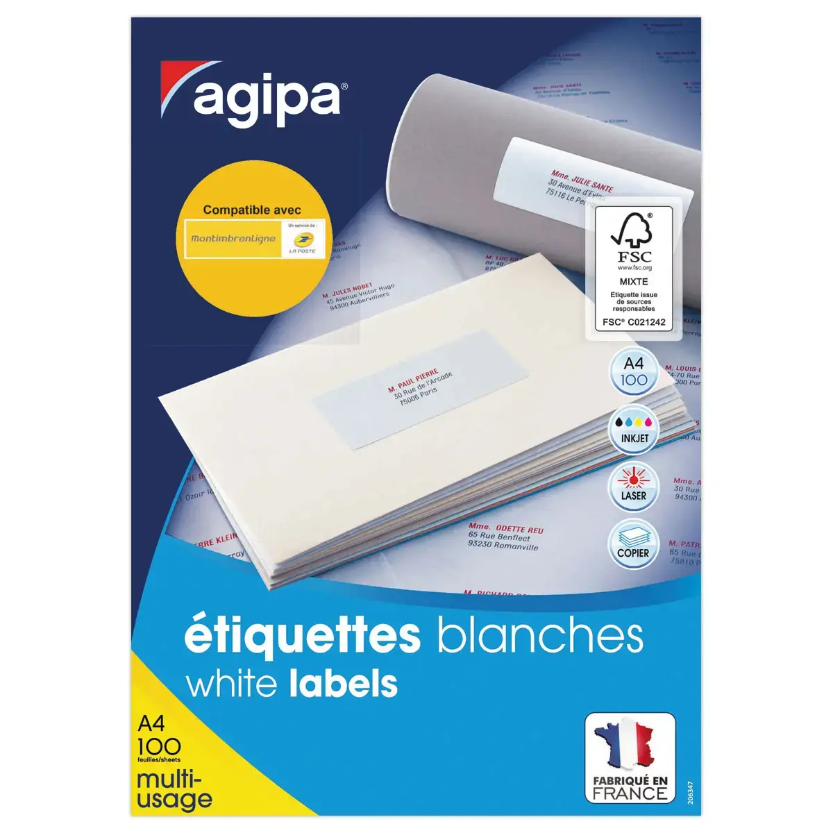 100 Planches d'étiquettes A4 multi-usages soit 1600 étiquettes blanches