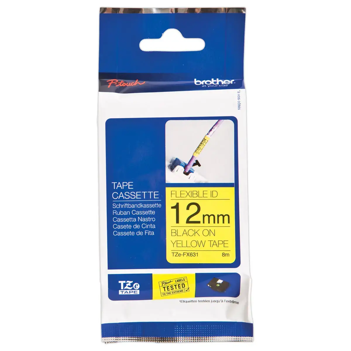 Ruban lamin&eacute; flexible TZe-FX631 largeur 12mm jaune impression noire 