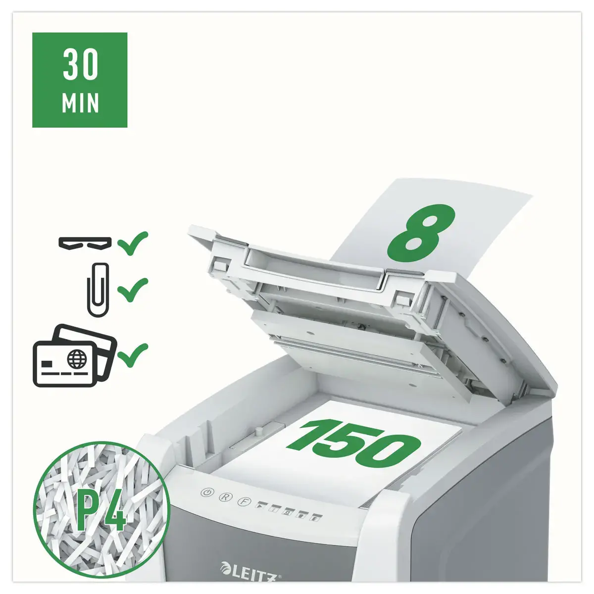 Destructeur IQ Auto+ Office 150 P4 - Coupe croisée - 150 feuilles - 44L - LEITZ