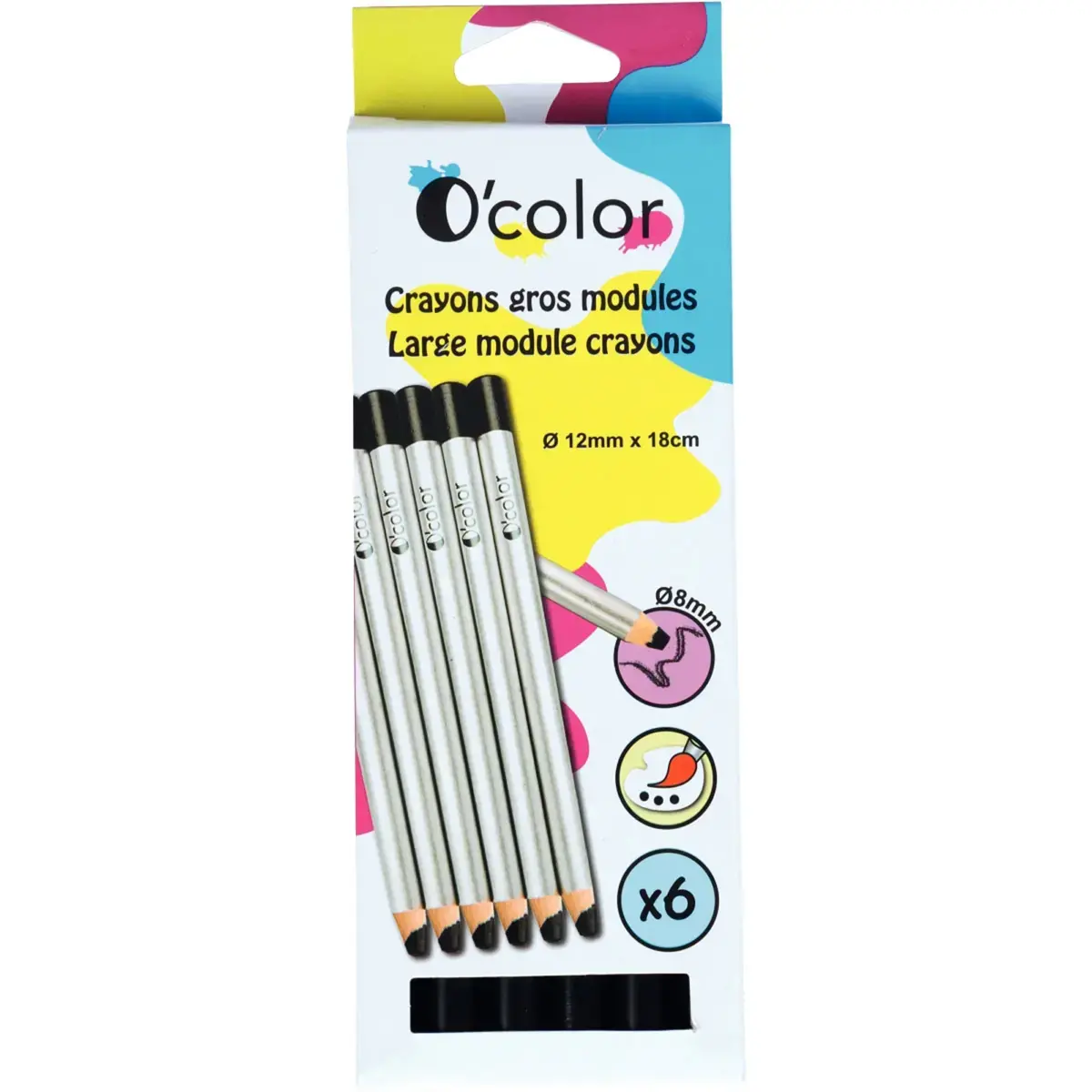 Crayon de couleur OCOLOR - gros modules - mine 8mm - aquarellable - noir - lot de 6