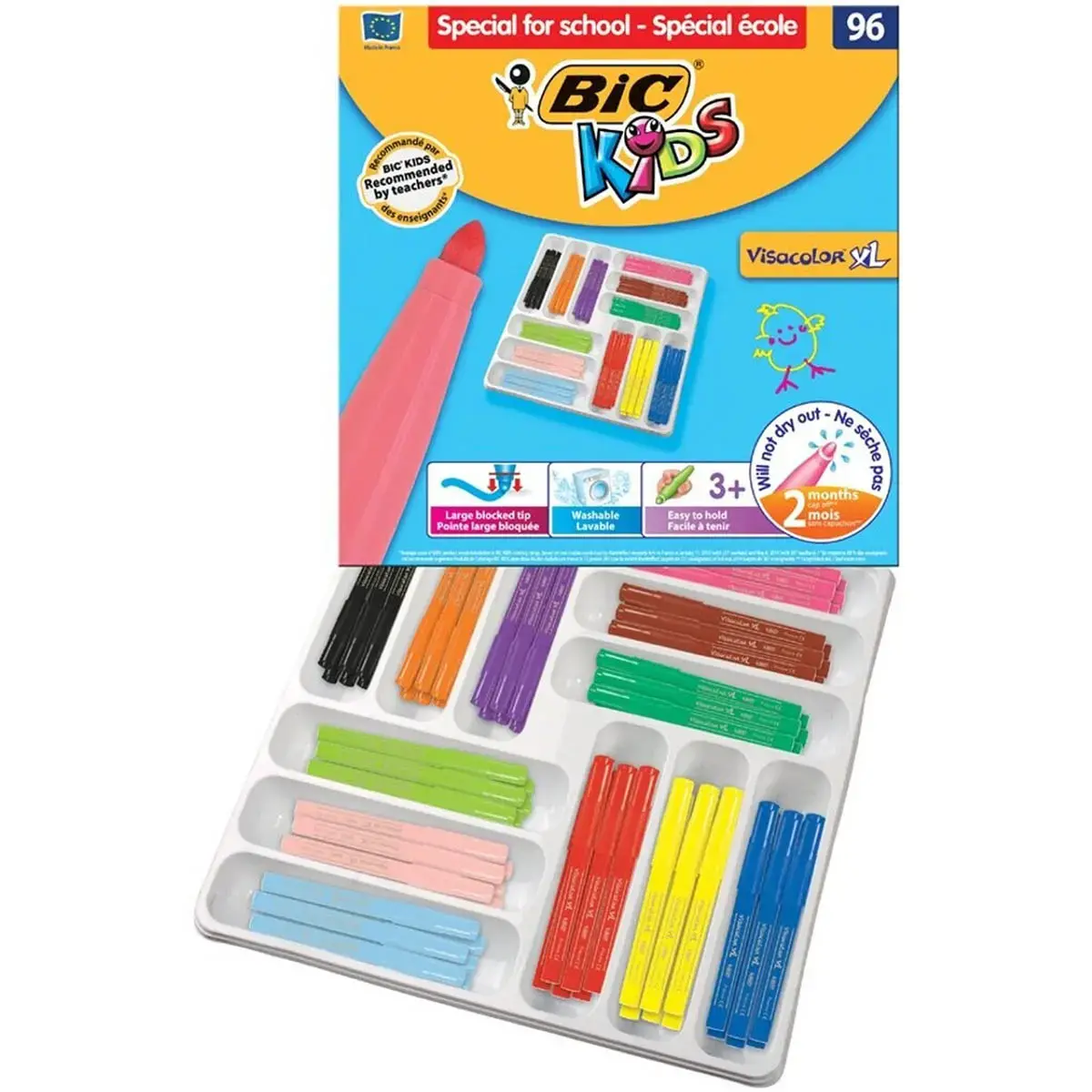Feutre de coloriage pointe large BIC VISACOLOR XL encre lavable coloris assortis - lot de 96