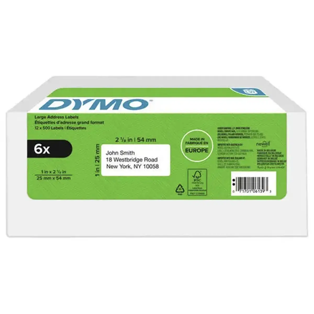 6 Rouleaux de 500 &eacute;tiquettes blanches 25x54 mm pour DYMO Label Writer 