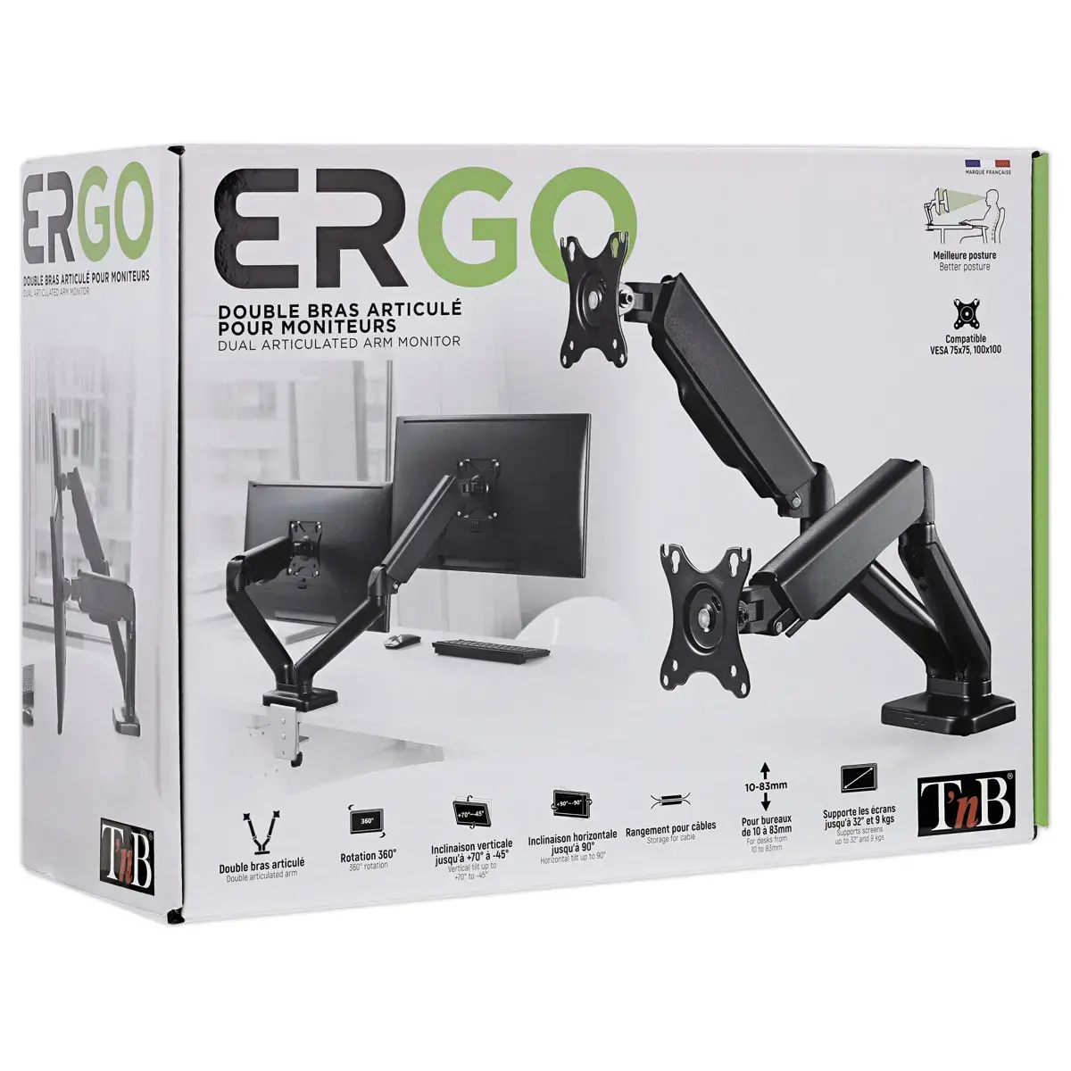 Bras porte-&eacute;cran double articul&eacute; Ergo Line Noir 