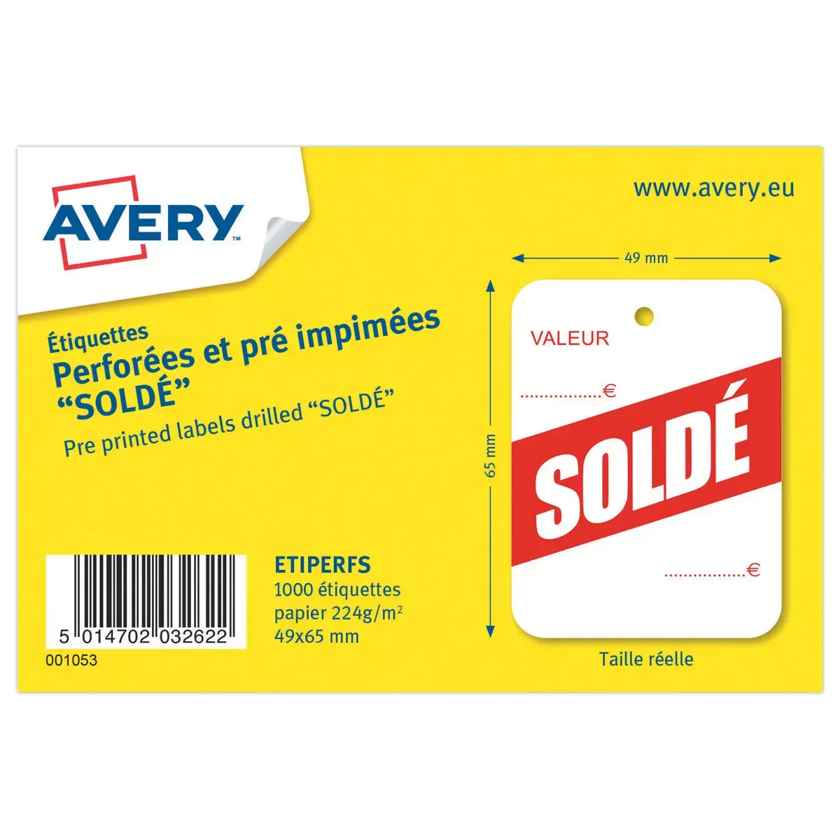 1000 Etiquettes perforées pré-imprimées "soldé" 49x65 mm 1000étiq/boîte