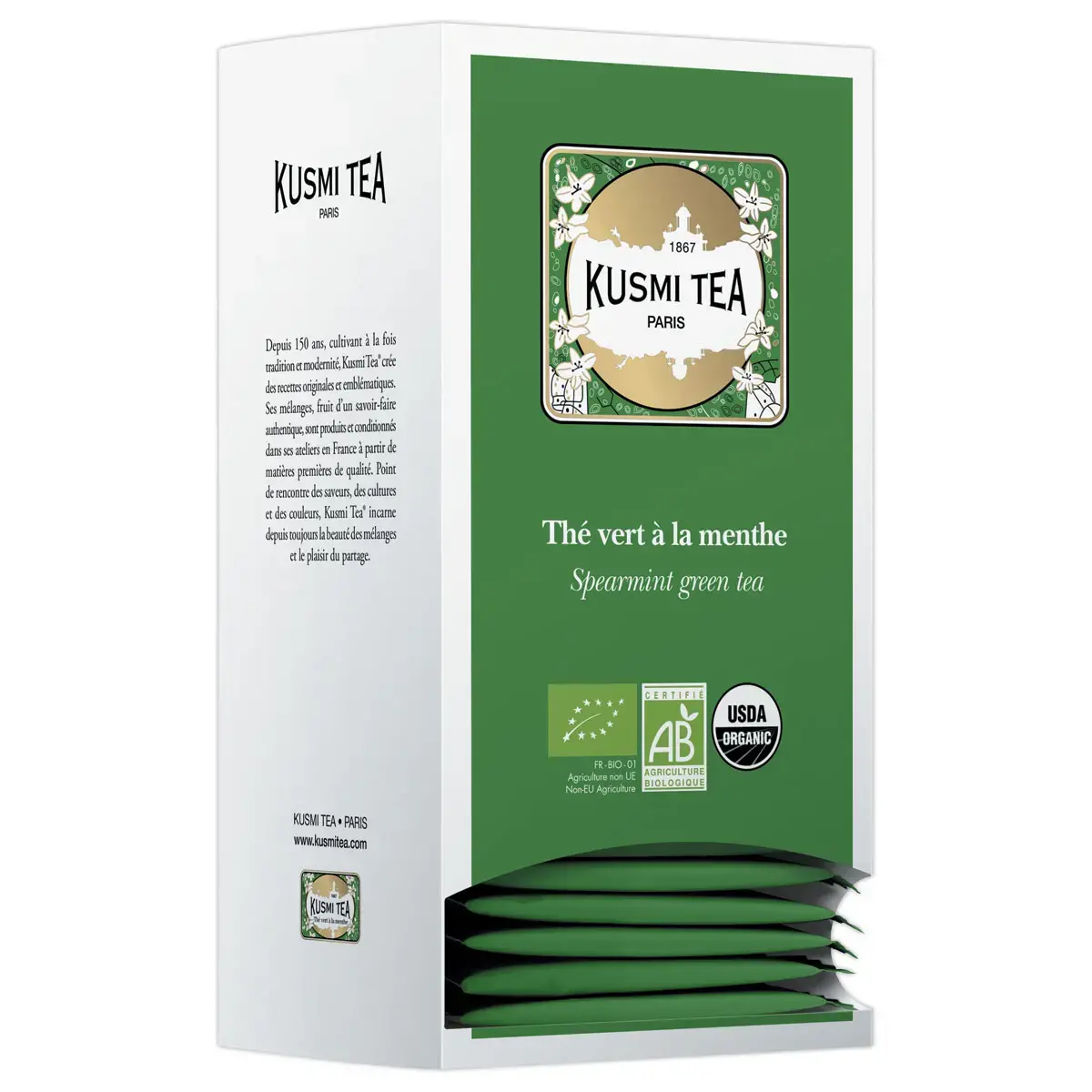 Bo&icirc;te de 25 sachets de th&eacute; Kusmi Tea Bio Th&eacute; vert menthe 