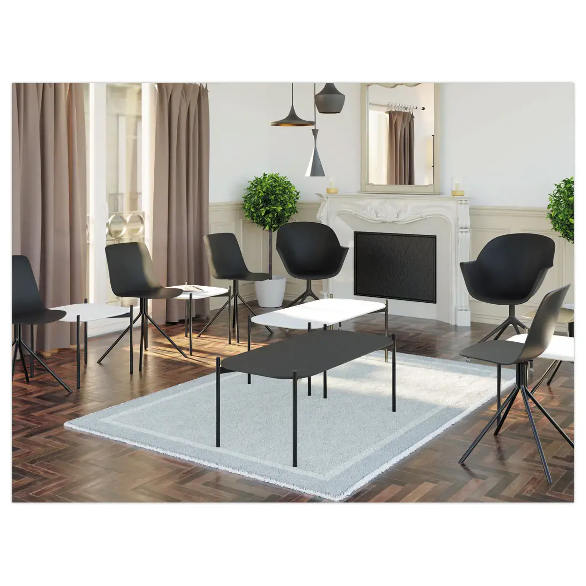 2 Chaises DN2, 4 pieds noirs assise noire