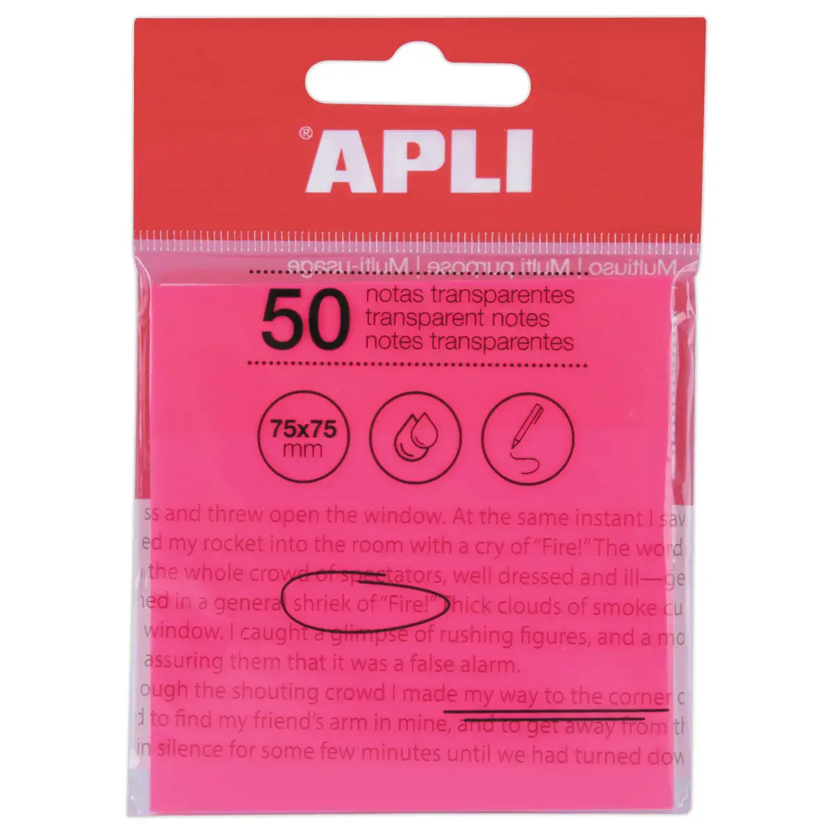 Paquet 50 feuilles de notes adhésives transparentes 75x75 mm roses
