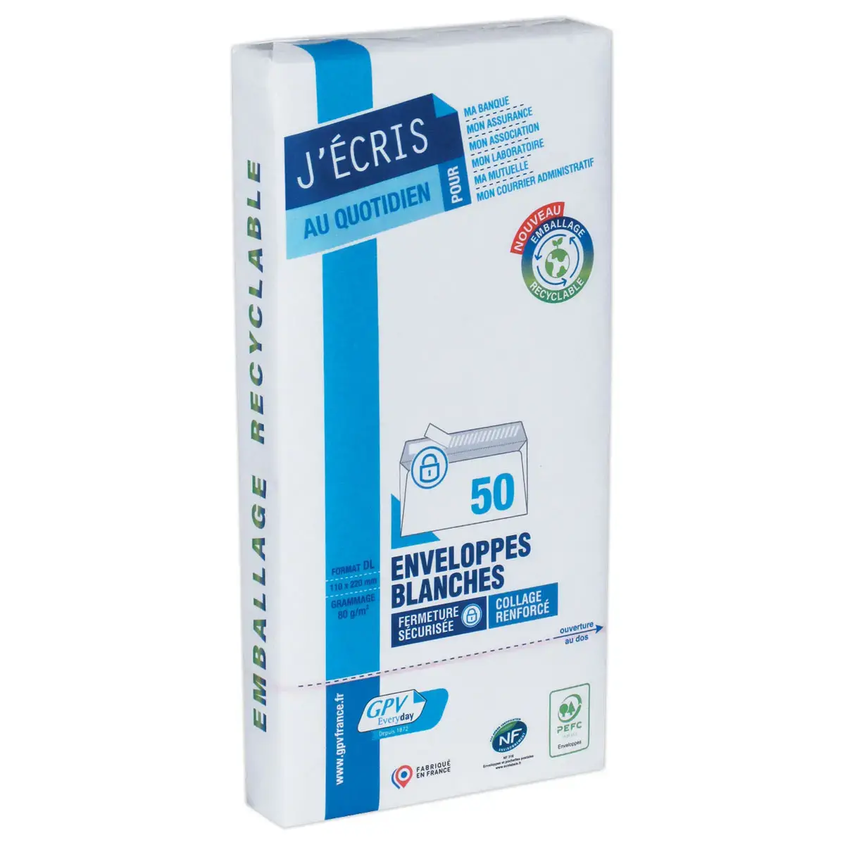 50 enveloppes blanches DL 110x220 80 g bande siliconée
