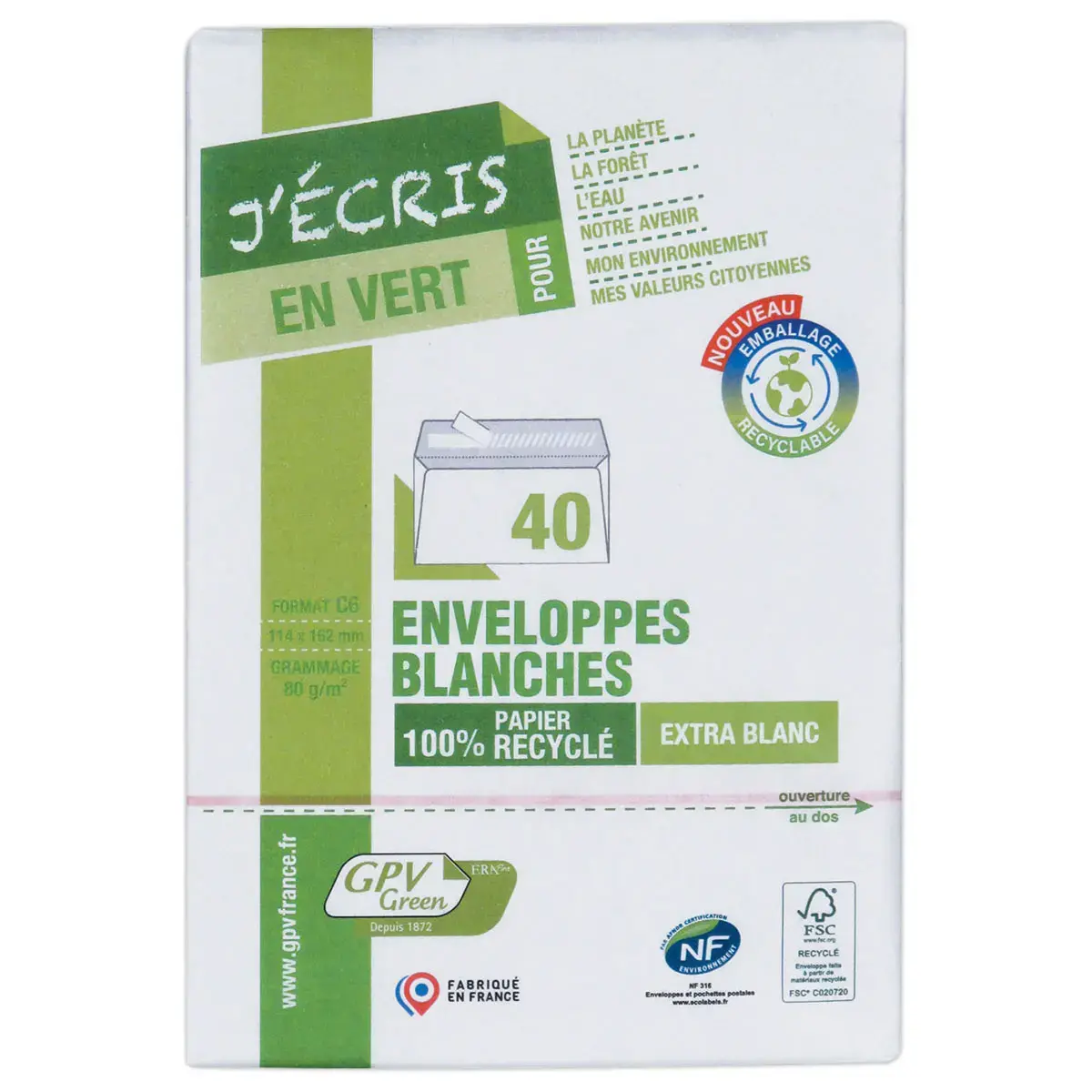 40 enveloppes extra blanches 114x162 mm 100% recyclées 80g bande siliconé