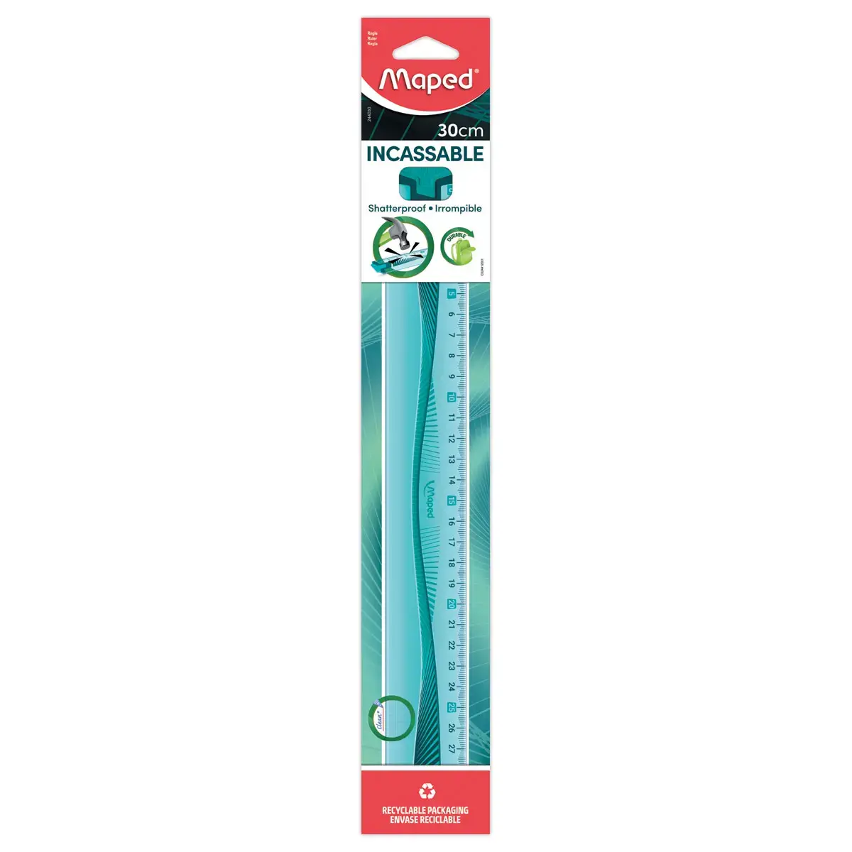 R&egrave;gle plate incassable - 30 cm - Bleu ou vert - Maped 