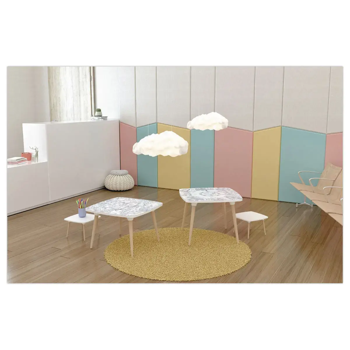 Table basse KIDS décor monument gris blanc 60x60