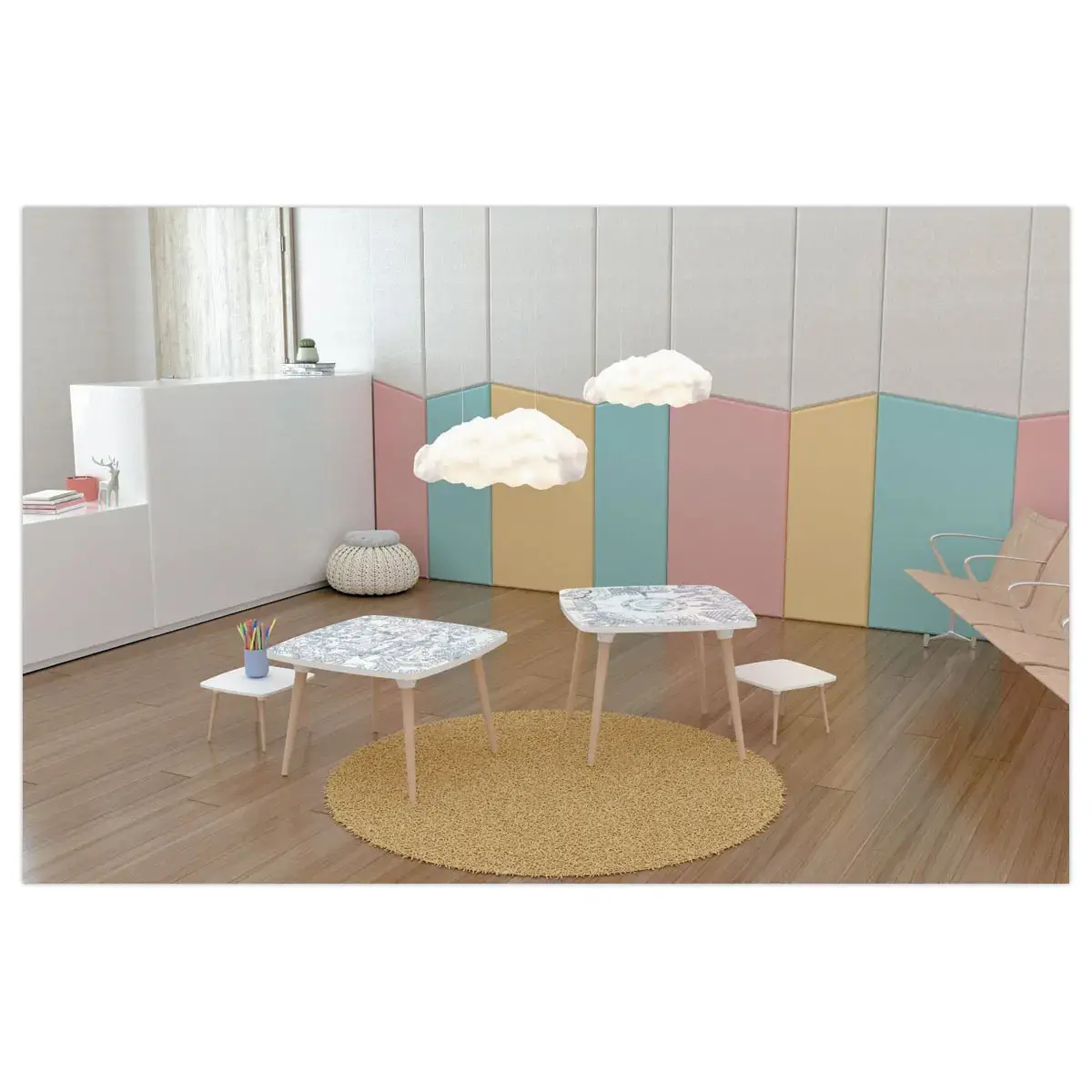 Table basse KIDS décor monument gris blanc 60x60