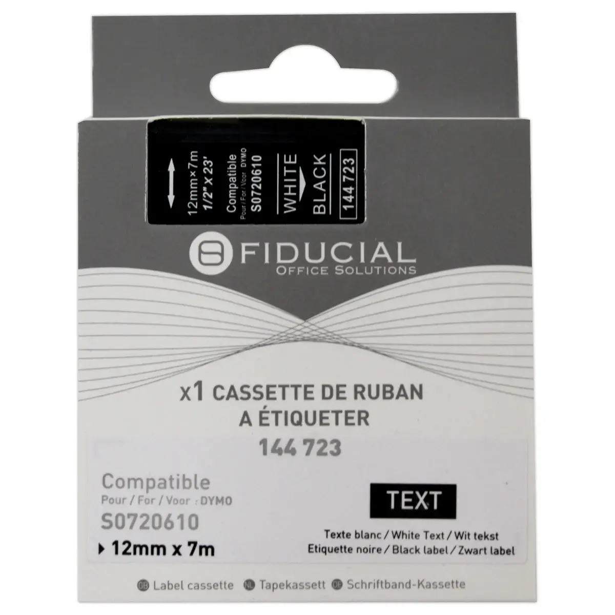 Ruban K7 pour titreuse DYMO S0720610 12mm noir impression blanche 