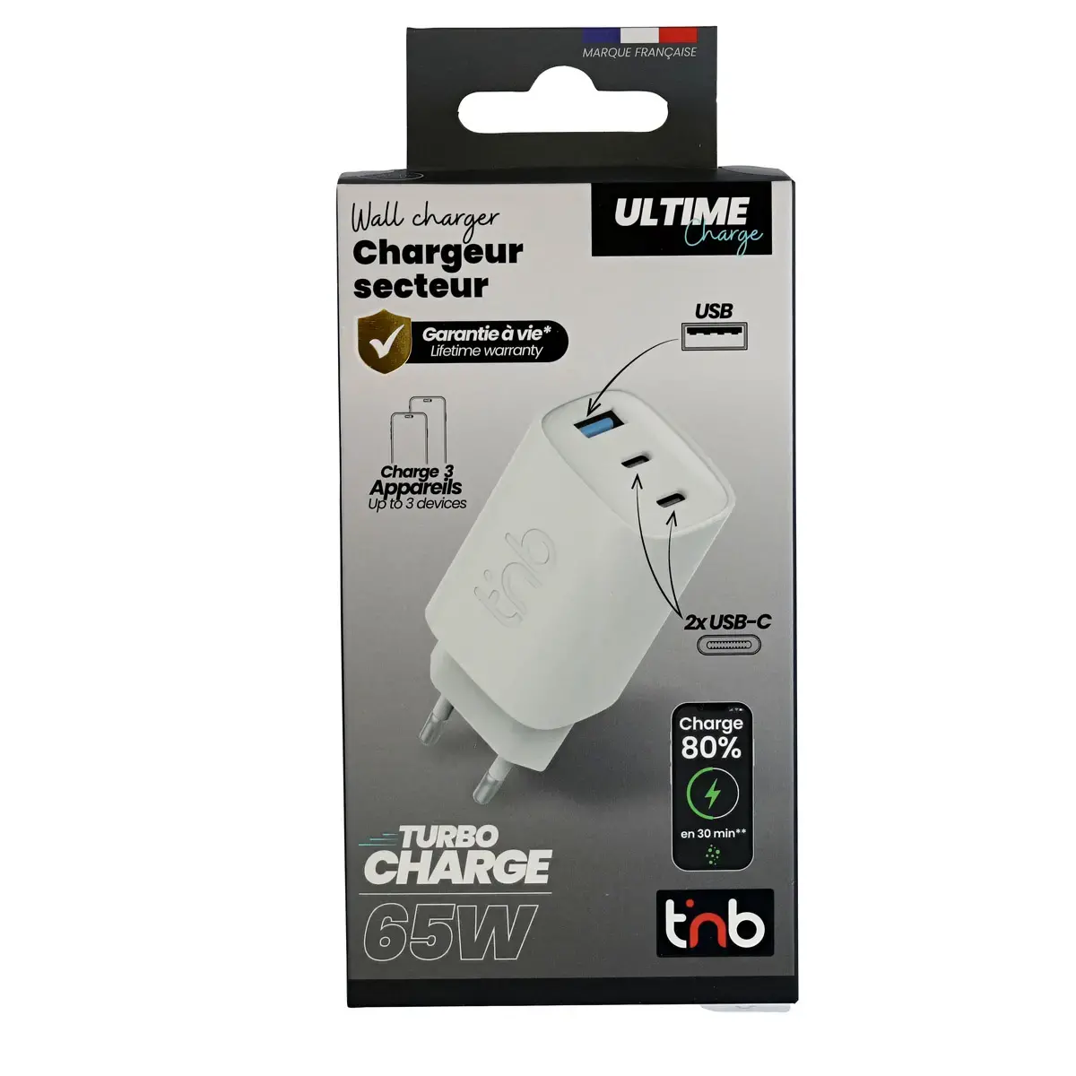 Chargeur secteur 3 ports USB 65W