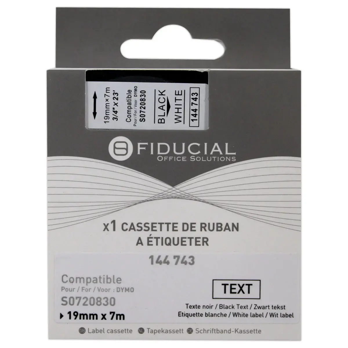 Ruban K7 pour titreuse DYMO S0720830 19mm blanc impression noire
