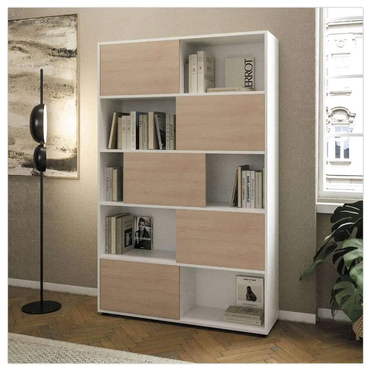 Biblioth&egrave;que blanc 10 cases 5 portes ch&ecirc;ne mont&eacute;e 