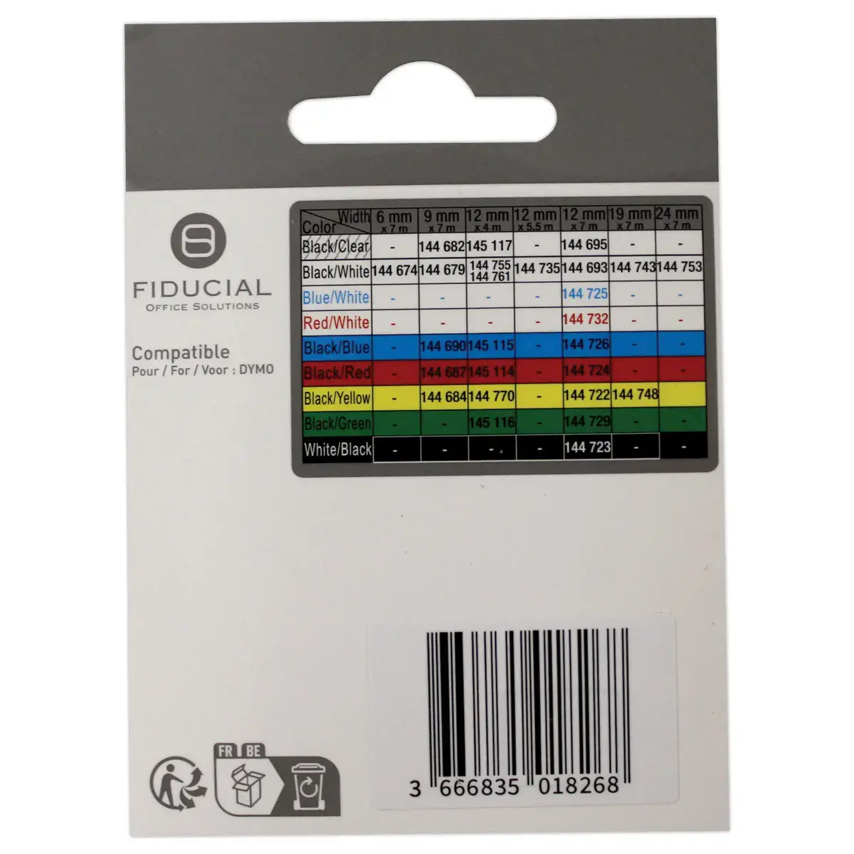 Ruban K7 pour titreuse DYMO S0721510 12 mmx4 m imp noire / blanc