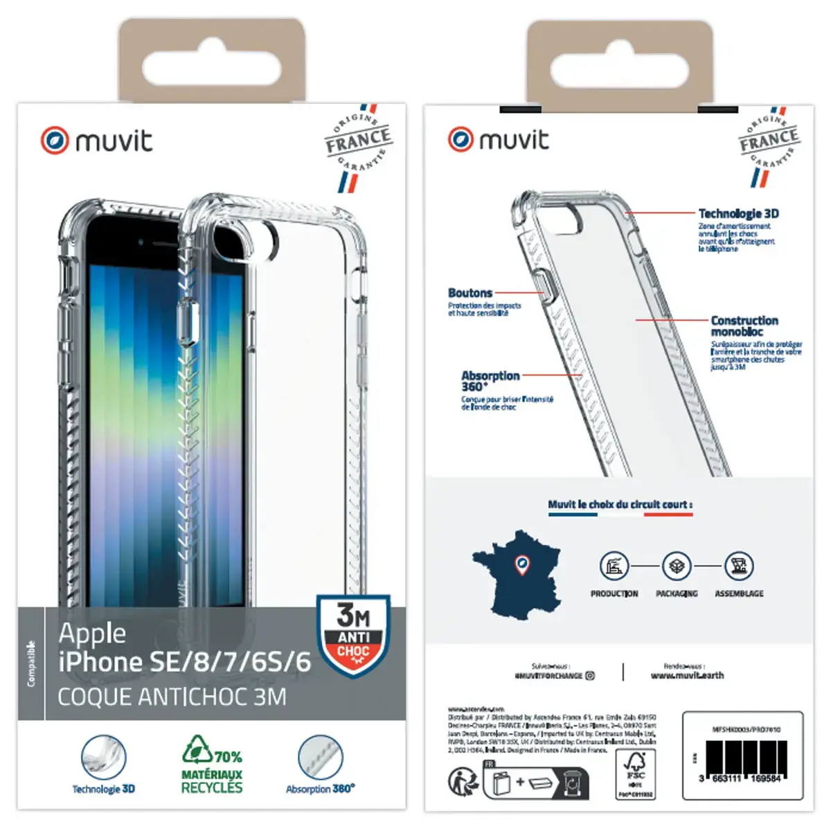 Coque pour IPhone SE/8/7/6S/6 avec côtés renforcés - Souple - Transparente - MUVIT