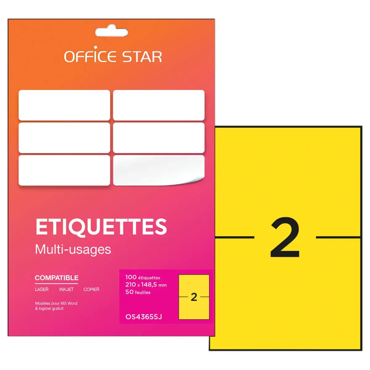 50 planches étiquettes L210xH148mm, 100 étiq/ boîte, jaune