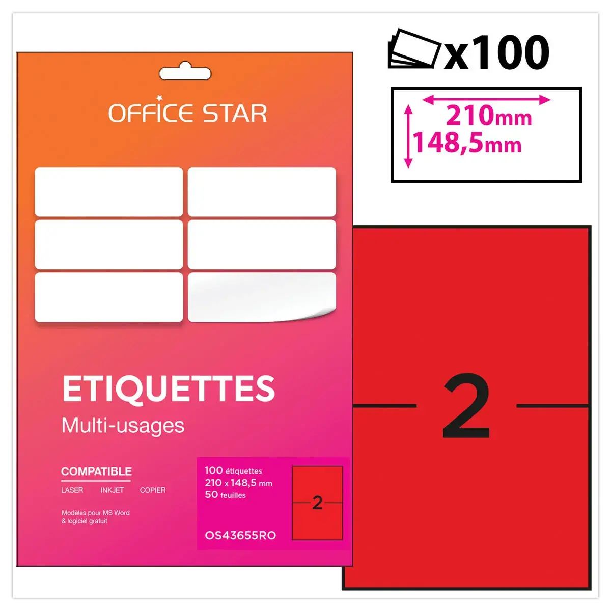 50 planches &eacute;tiquettes L210xH148mm, 100 &eacute;tiq/ bo&icirc;te, rouge 