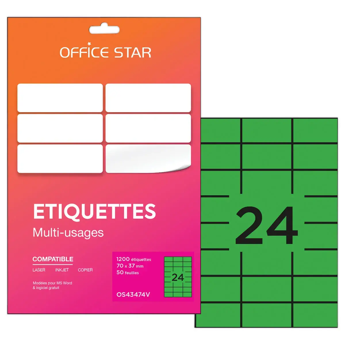 50 planches &eacute;tiquettes L70xH37mm, 1200 &eacute;tiq/ bo&icirc;te, vert 