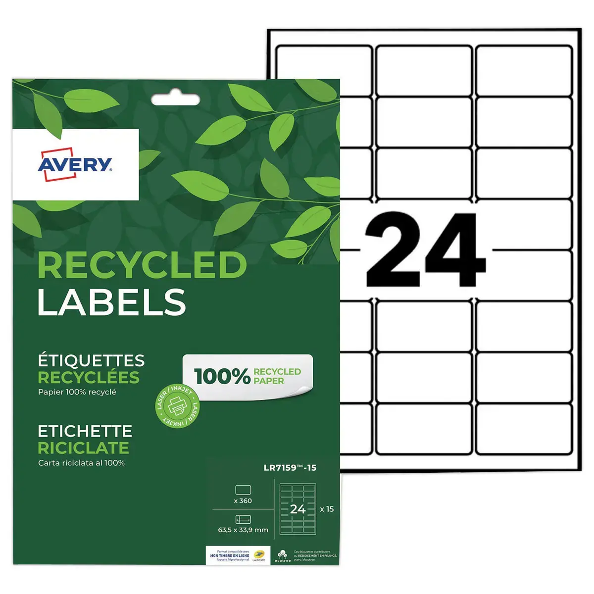 15 planches étiquettes recyclées blanches63,5 x 33,9mm