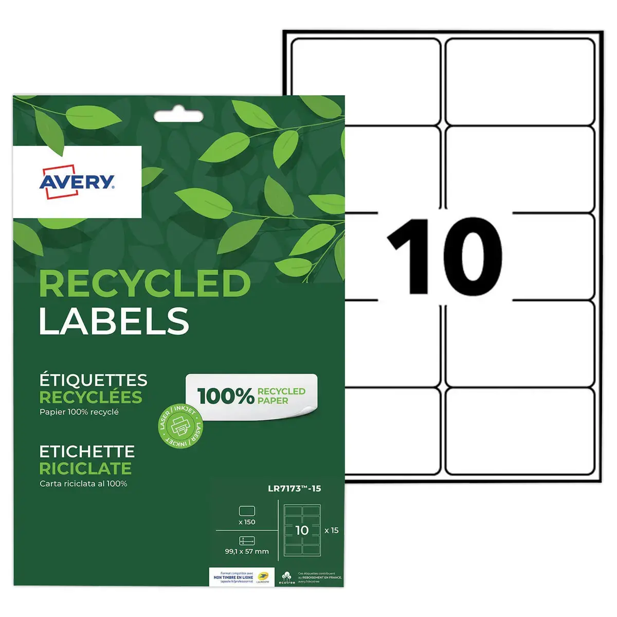 15 planches &eacute;tiquettes recycl&eacute;es blanches99,1 x 57 mm 