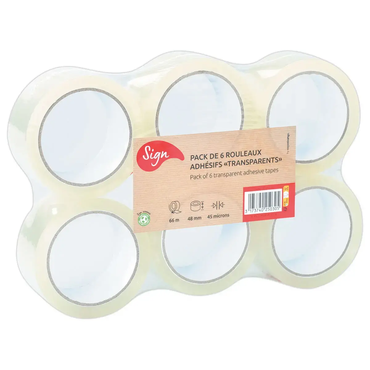 6 Rouleaux d'adh&eacute;sif d'emballage - 66 m x 48 mm - 45&micro; - Transparent - Sign 
