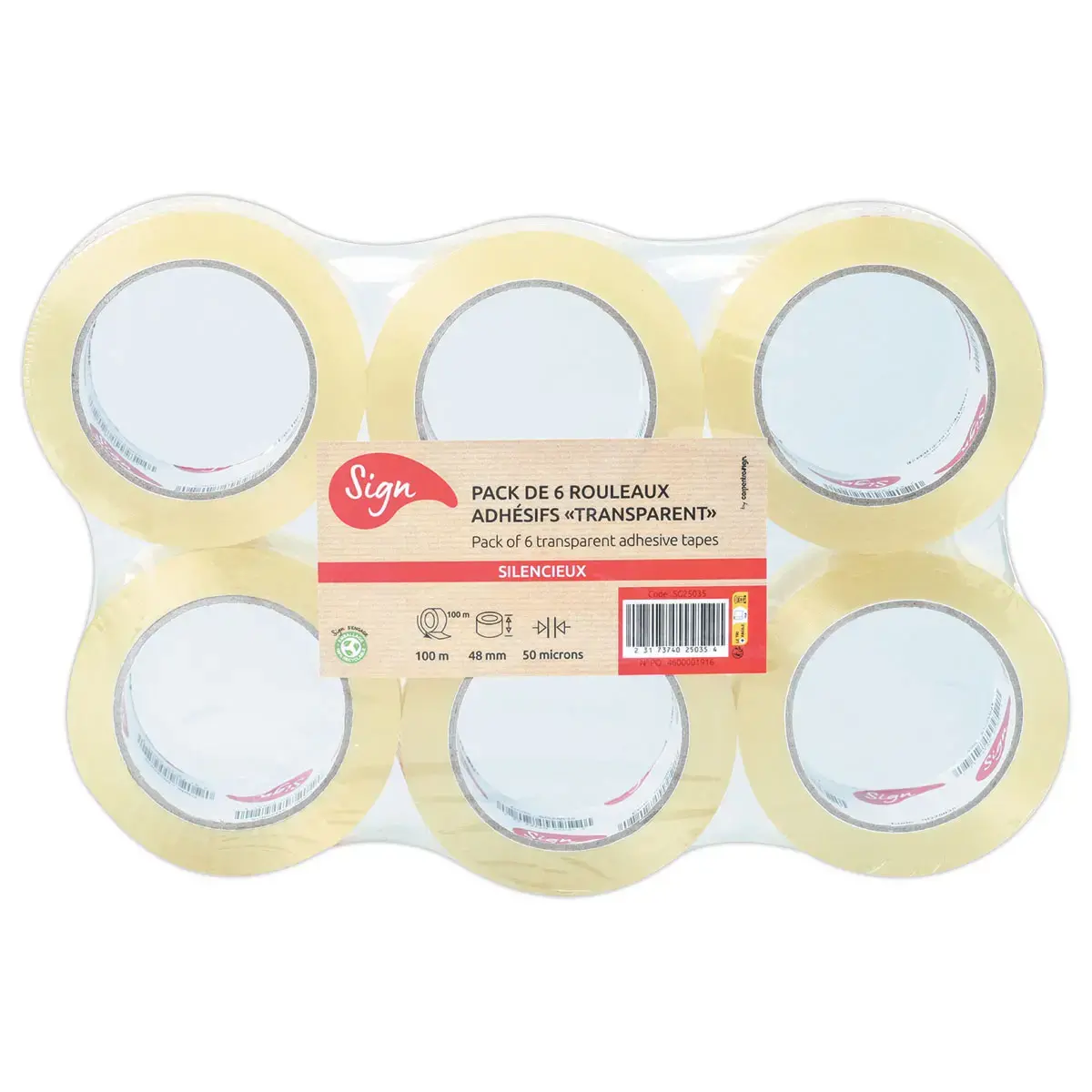 6 Rouleaux d'adhésif d'emballage - 100 m x 48 mm - 50µ - Transparent - Sign